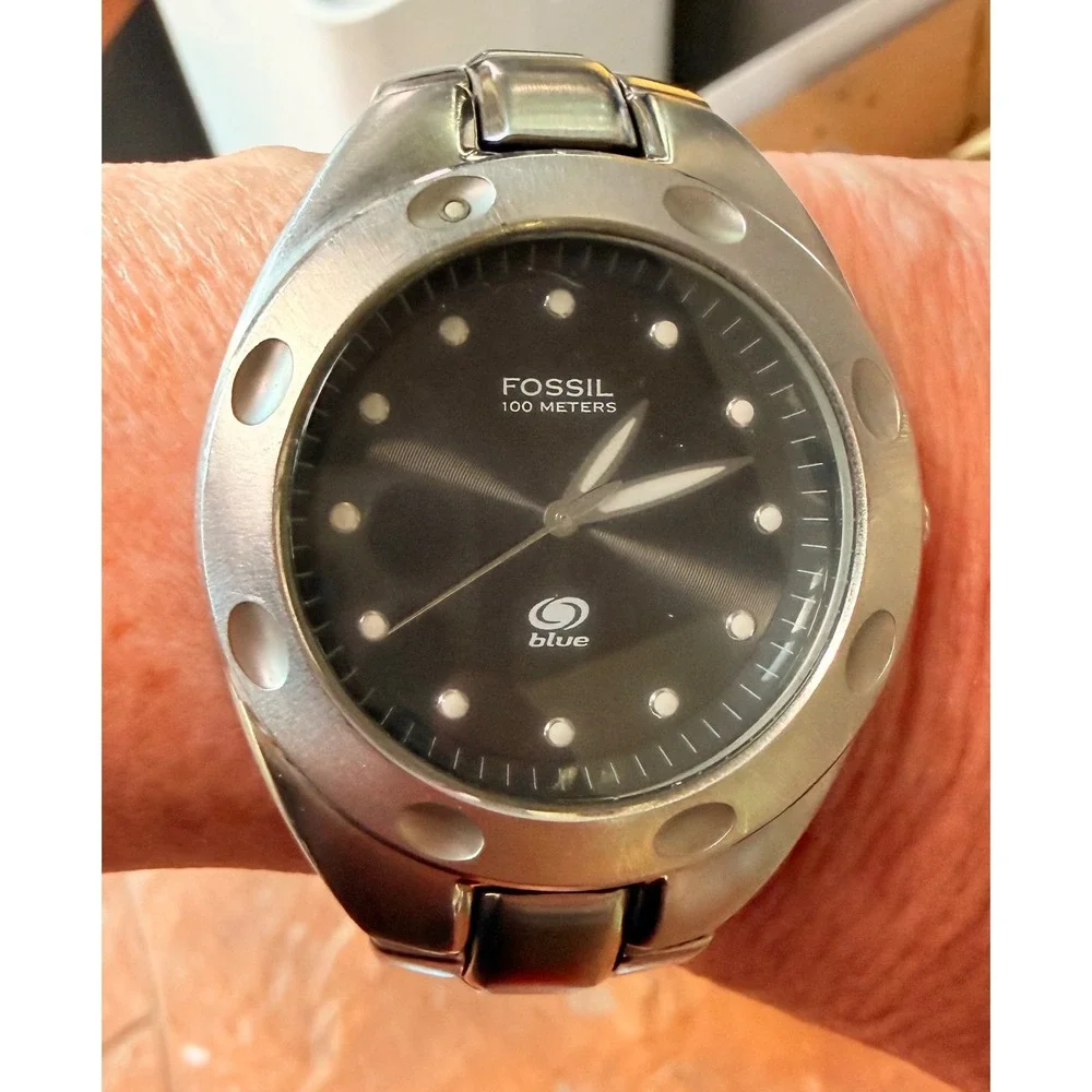 Fossil Blue AM3345 Black Dial Stainless Steel Watch 100M Quartz Men's